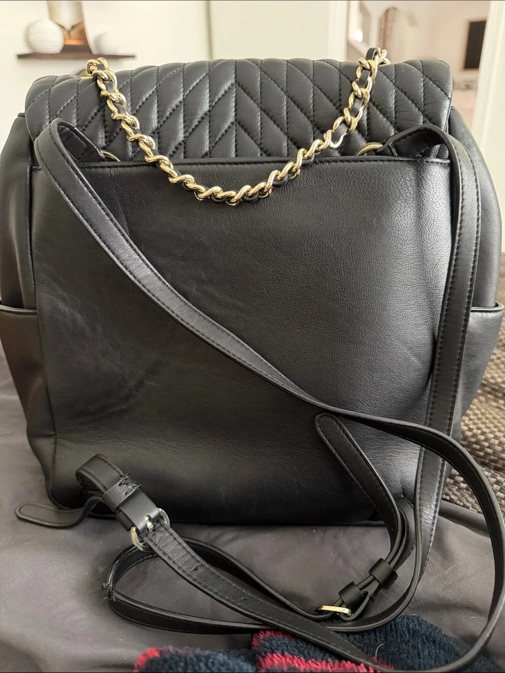 Karl Lagerfeld Black Quilted Leather Backpack with Gold Hardware
